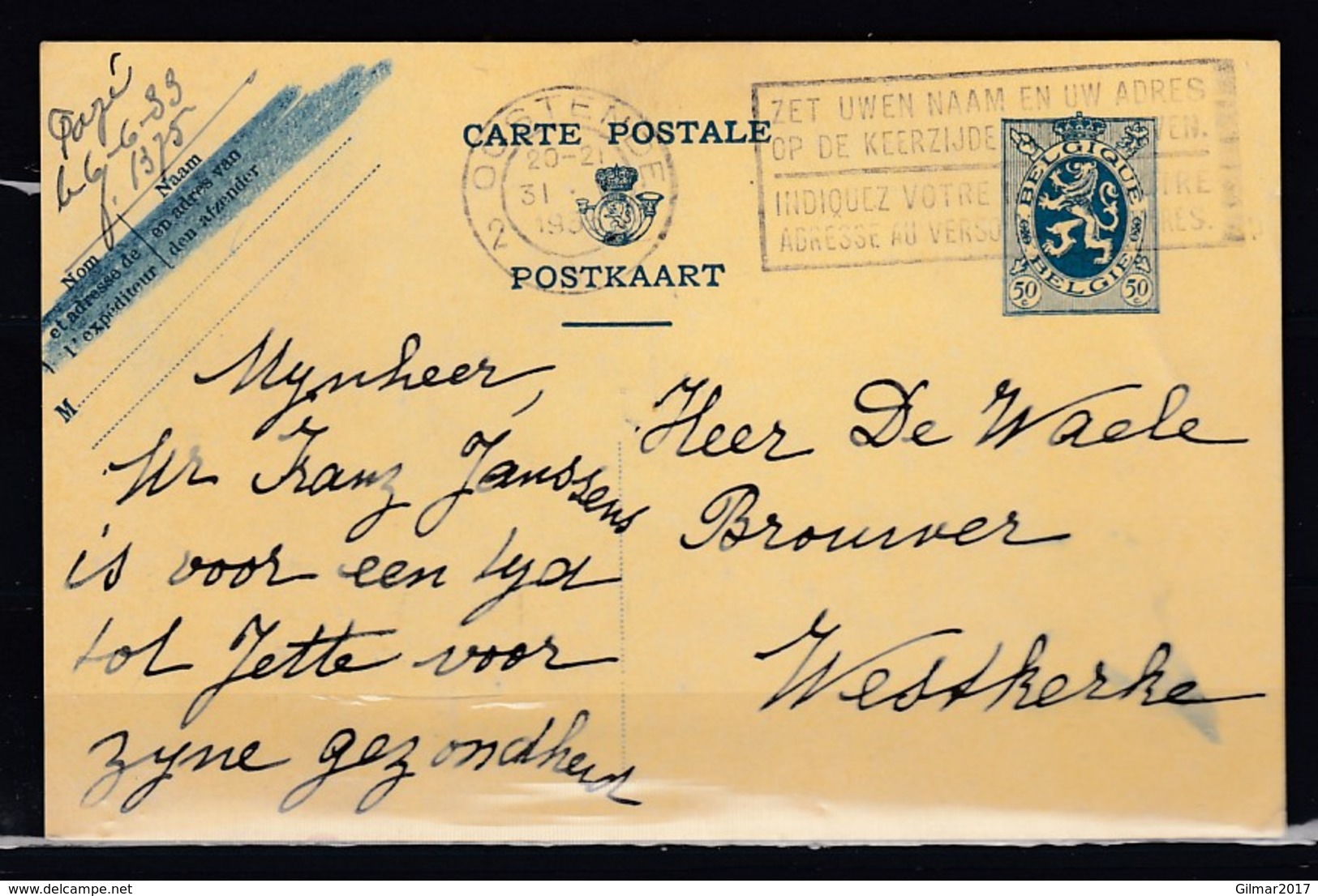 Postkaart Van Oostende 2 Naar Westkerke - 1929-1937 Lion Héraldique
