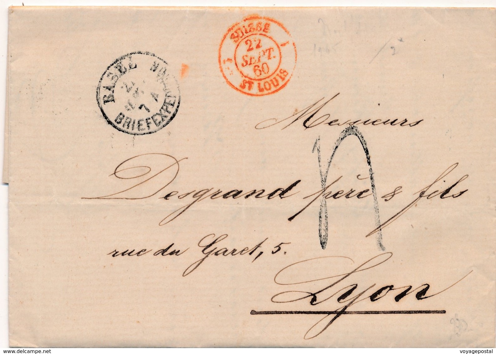 LETTRE BASEL BRIEFEXPEDITION SUISSE ST LOUIS LYON FRANCE 1860 - Covers & Documents