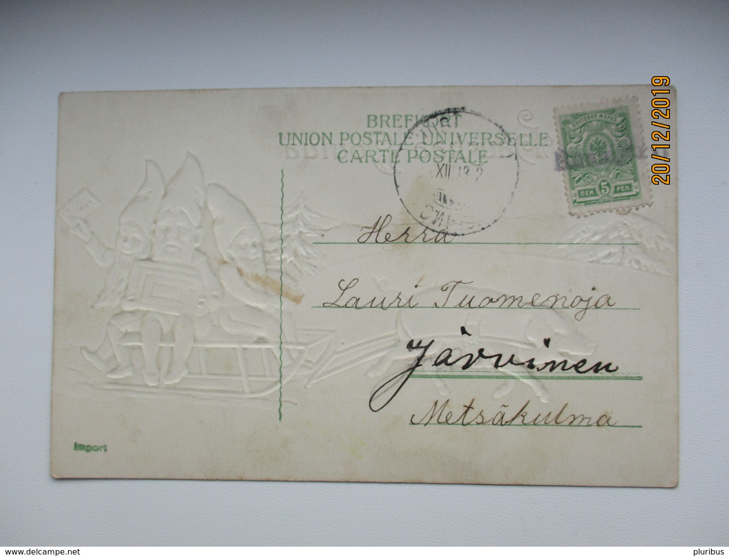 IMP. RUSSIA FINLAND , EMBOSSED GNOOMS DWARFS RIDING A  PIG ,  LINE CANCEL   , OLD POSTCARD , 0 - Otros & Sin Clasificación