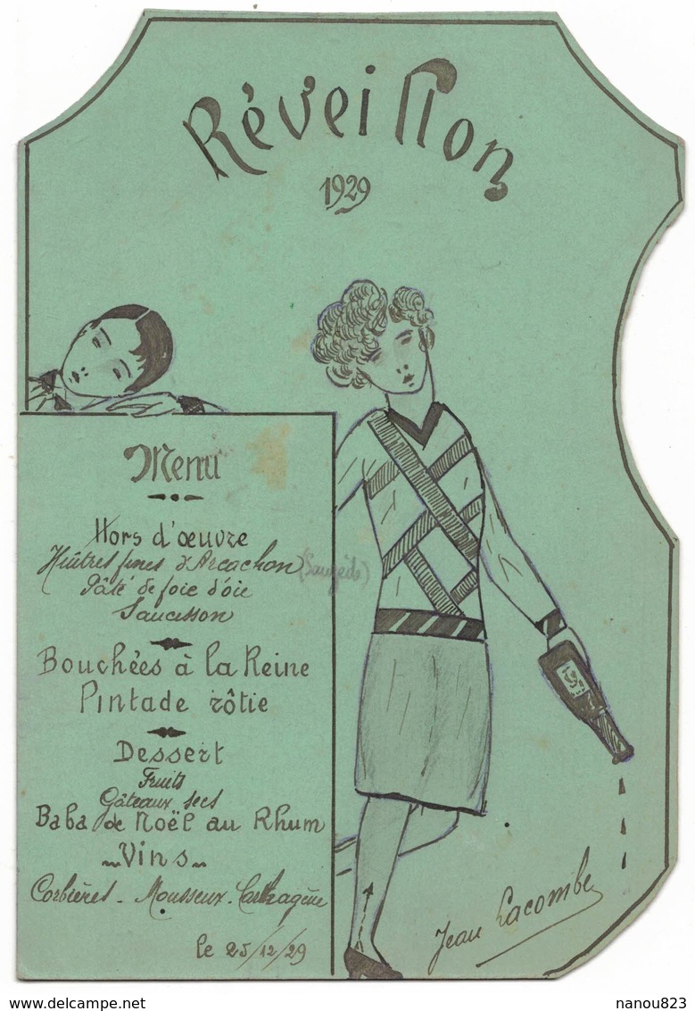 OCCITANIE MENU REVEILLON ANNEE 1929 ILLUSTRE SIGNE JEAN LACOMBE CORBIERES MOUSSEUX CARTHAGENE HUÎTRES ARCACHON SAUZEDE - Menus