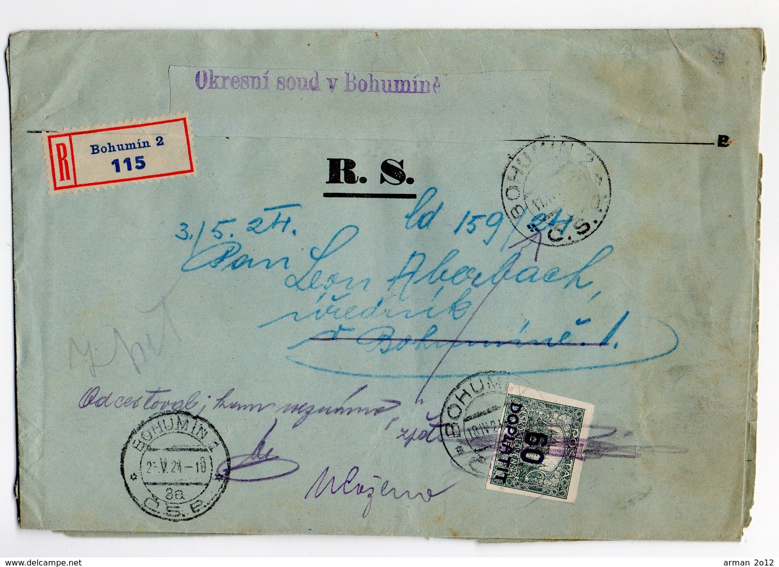 Czechoslovakia Registered Bohumin Court Postage Due 1924 - Covers & Documents