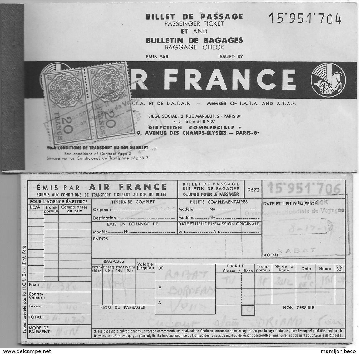 2 Billets AIR FRANCE Rabat-Bordeaux Ligne AF 2012 16 D2CEMBRE 1959 - Billetes