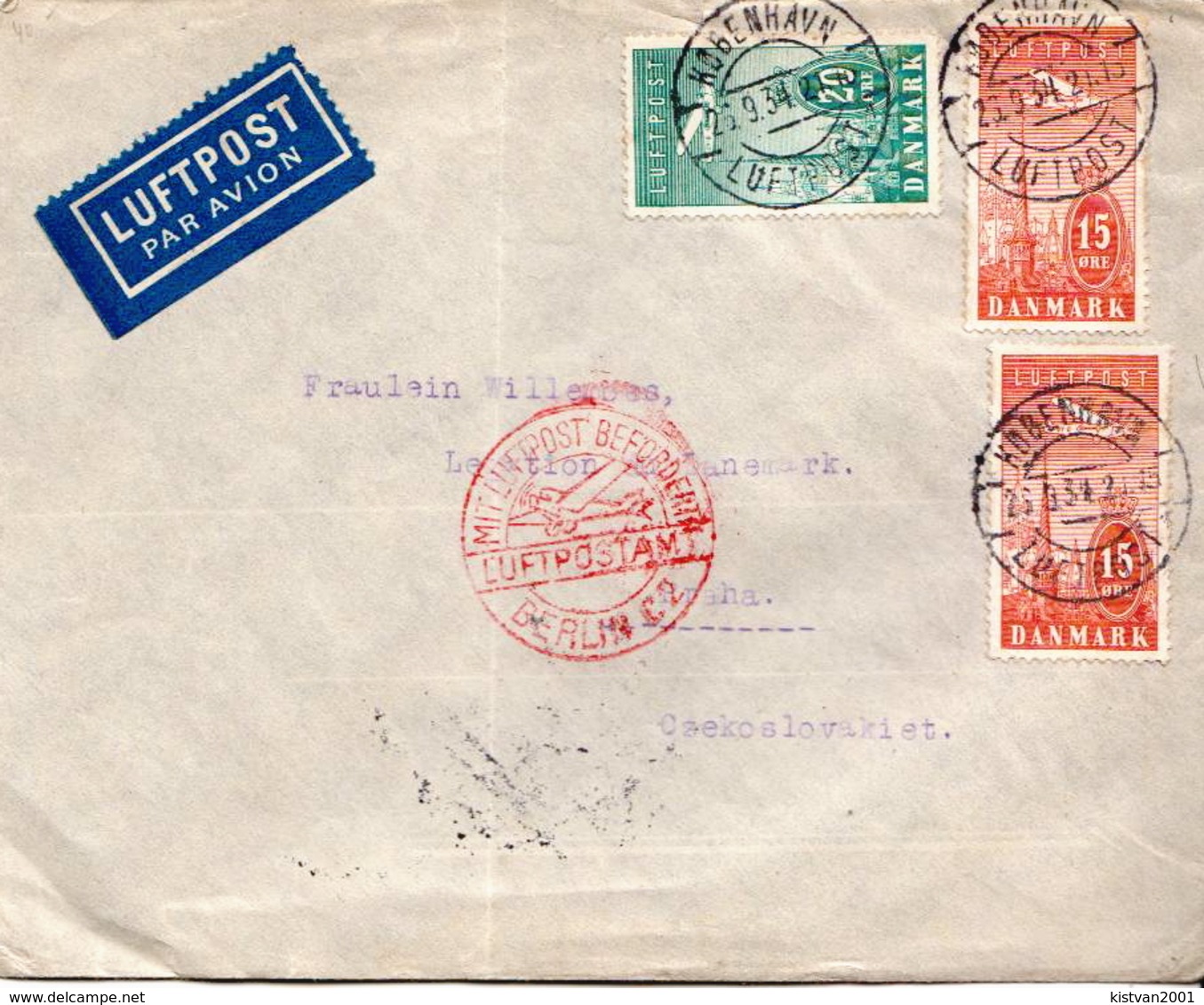 Postal History Cover: Denmark Airmail Cover Sent To Praha Via Berlin From 1934 - Covers & Documents