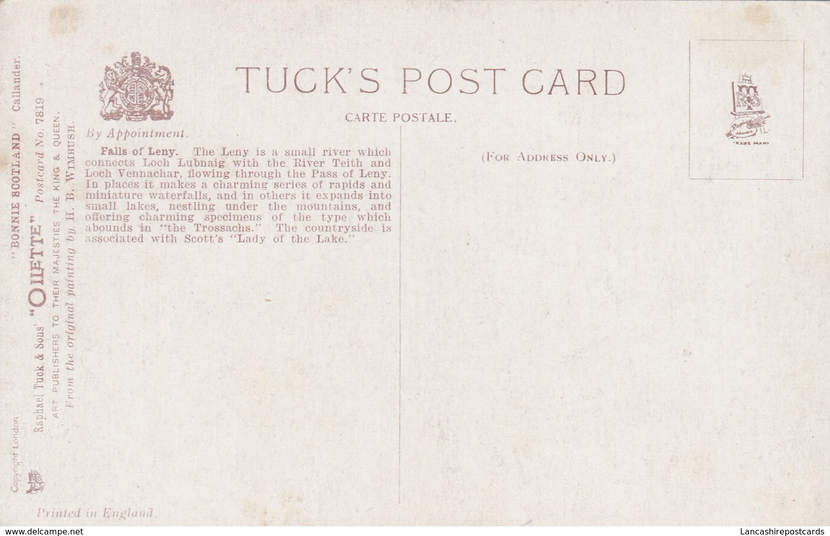 Postcard Callander Falls Of Leny Raphael Tuck Oilette No 7819 Bonnie Scotland My Ref  B13810 - Wimbush