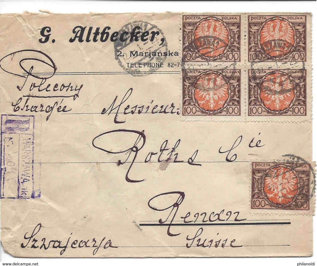 POLOGNE SWITZERLAND, POLAND, WARSZAWA, 12I1923, Timbres 5x100, Lettre Recommandée Pour La Suisse, Registered, Polecony - Cartas & Documentos