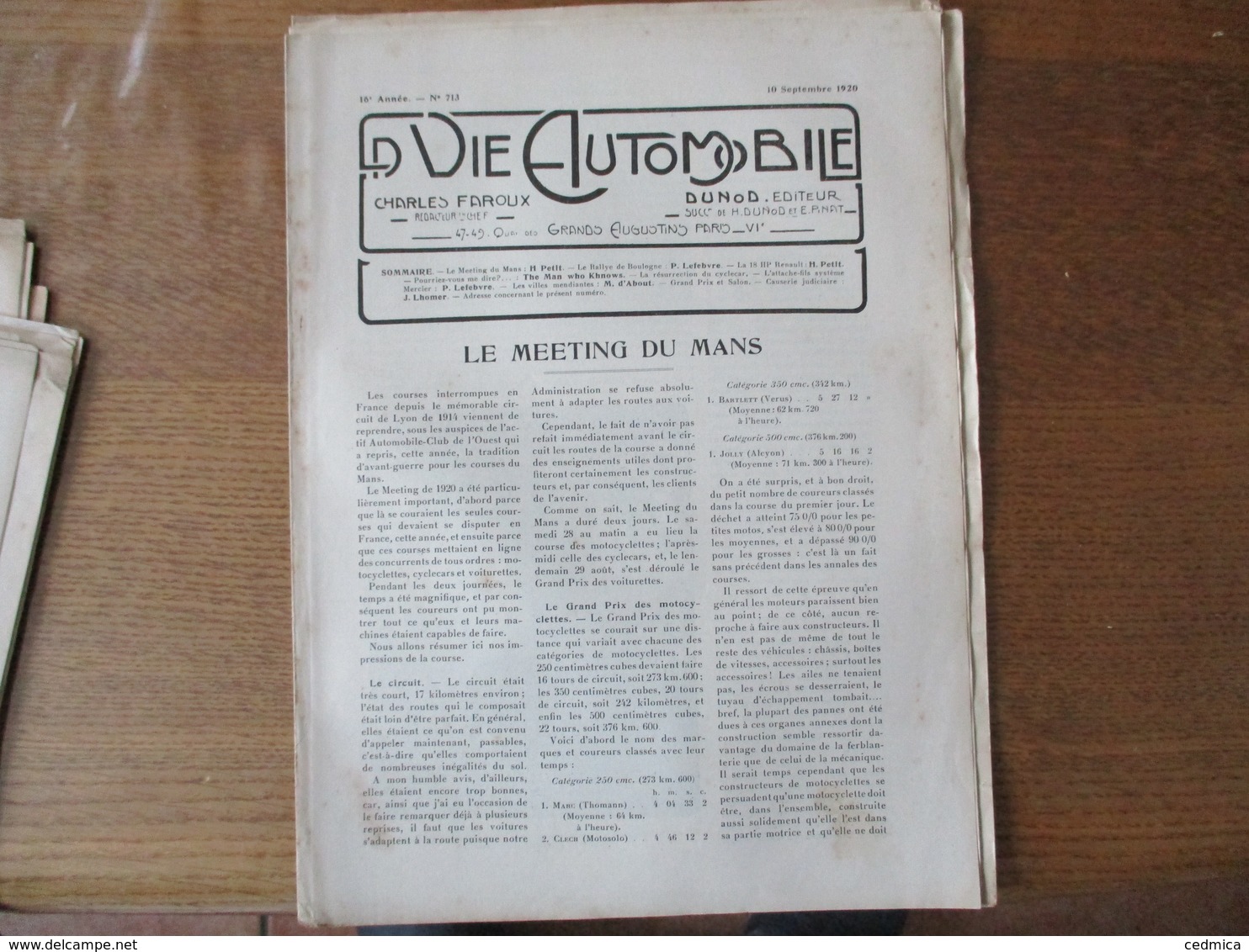 LA VIE AUTOMOBILE DU 10 SEPTEMBRE 1920 LE MEETING DU MANS, LA 18 Hp. RENAULT,LE CONCOURS DE BICYCLETTES A MOTEUR - Auto