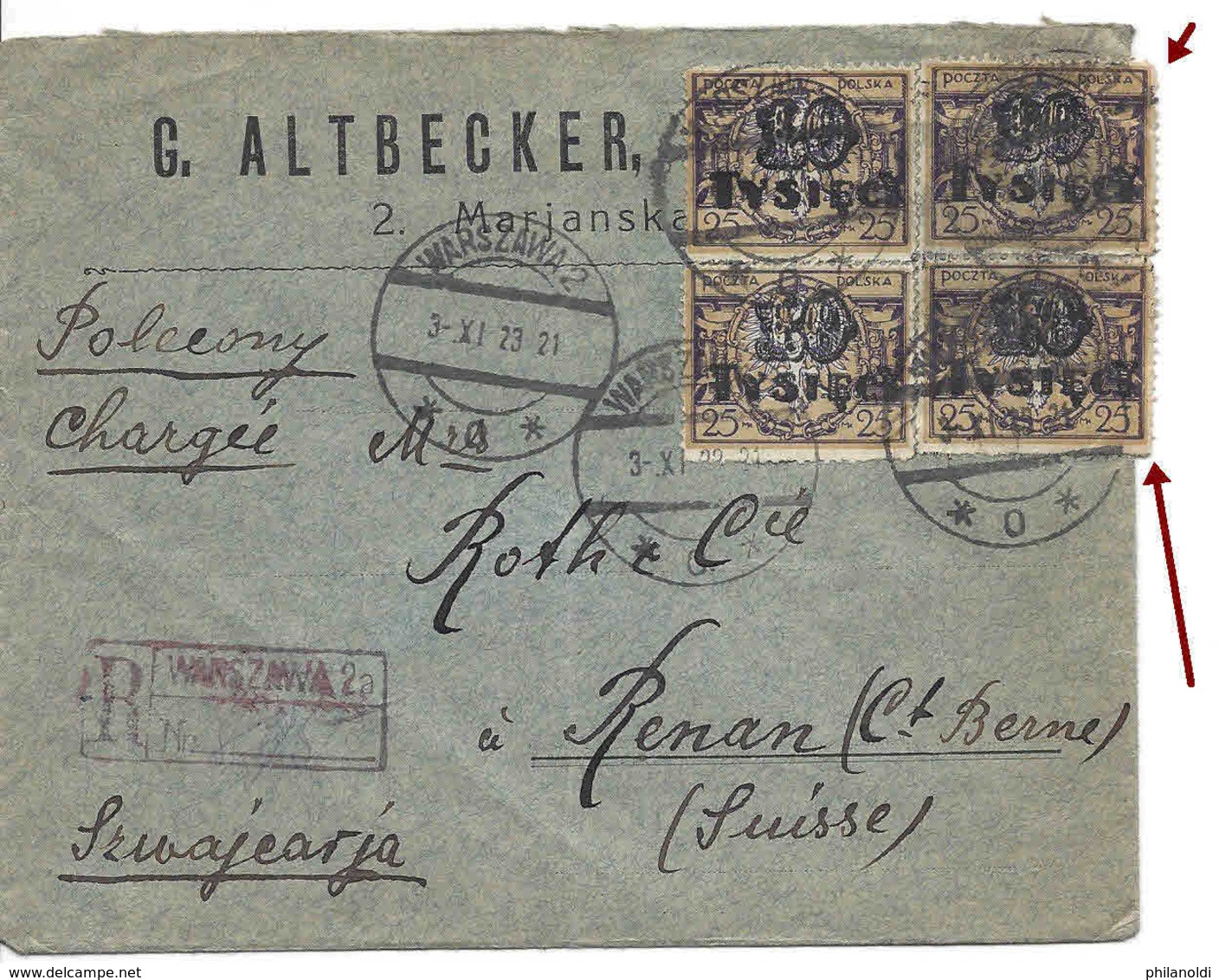 POLOGNE SWITZERLAND, POLAND WARSZAWA, 3XI1923, 4 Stamps Overprinted TYSIECY Surchargés Lettre Recommandée Pour La Suisse - Cartas & Documentos