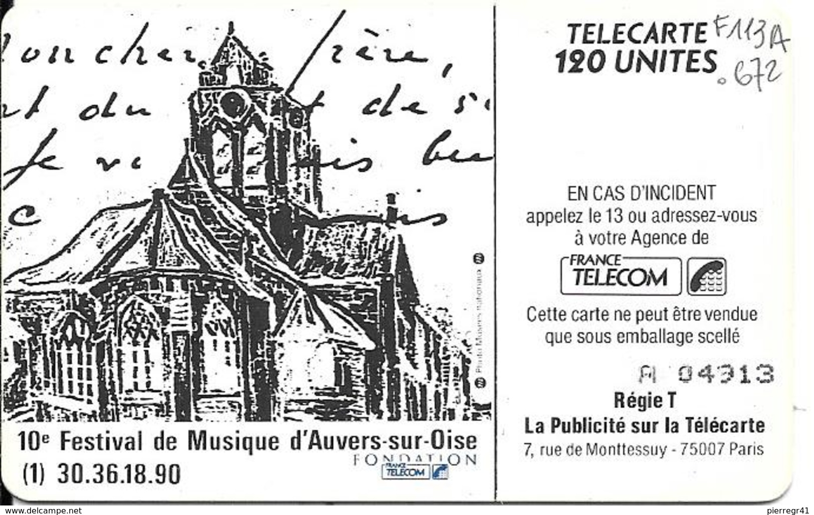 CARTE-PUBLIC-1990-120U-F114A.672-SO3-VAN GOGH-UTILISE-V°N° Lasers A 04913-N° Décallé A Droite-12m/m-TBE-RARE - 1990