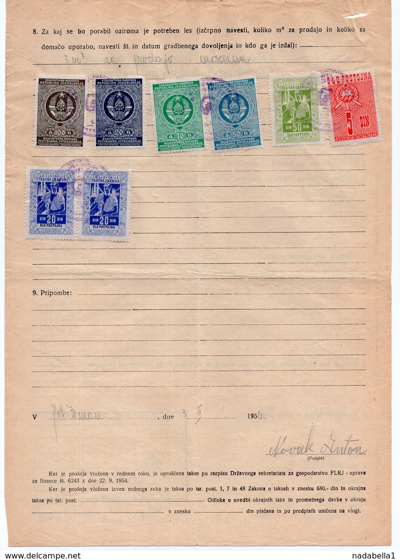 1956 YUGOSLAVIA, SLOVENIA, 2 OLD POSTOJNA REVENUE STAMP AND 6 OTHER REVENUE STAMPS - Cartas & Documentos