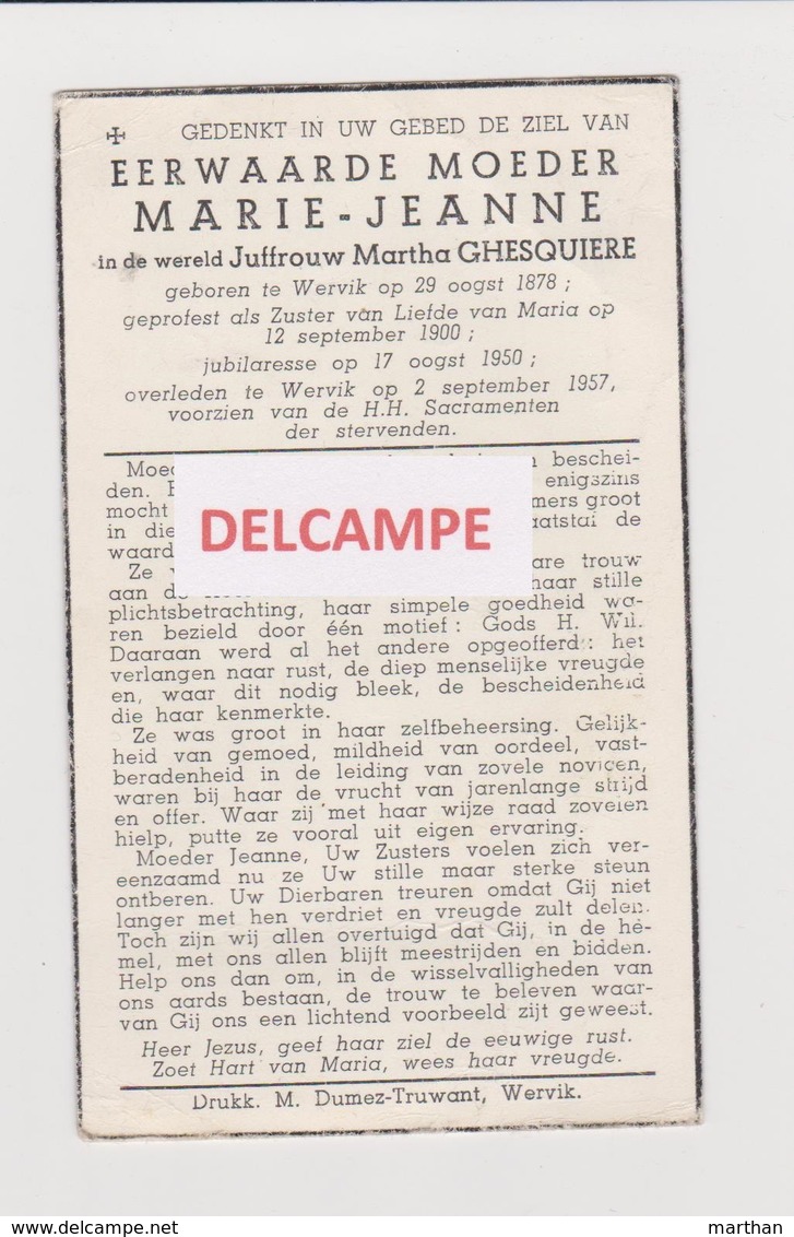 DOODSPRENTJE GHESQUIERE MARTHA - E.M. MARIE-JEANNE WERVIK 1878 - 1957   Bewerkt Tegen Kopieren - Devotion Images