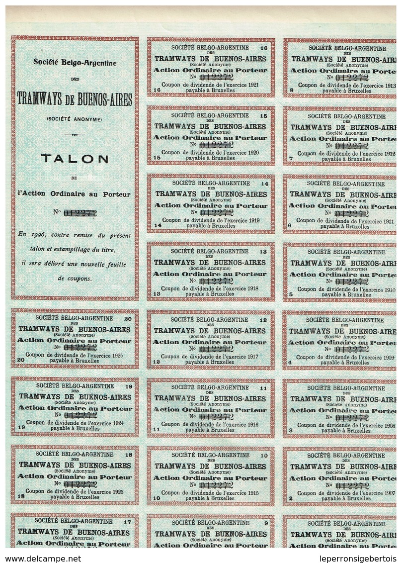 Titre Ancien - Société Belgo-Argentine Des Tramways De Buenos-Aires -  Titre De 1905 - - Railway & Tramway