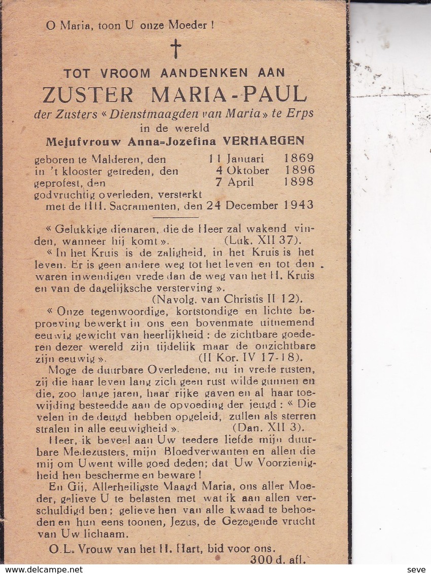 MALDEREN ERPS Zuster Maria-Paul Née Anna-Jozefina VERHAEGEN 1869-1943 DP Souvenir Mortuaire - Décès