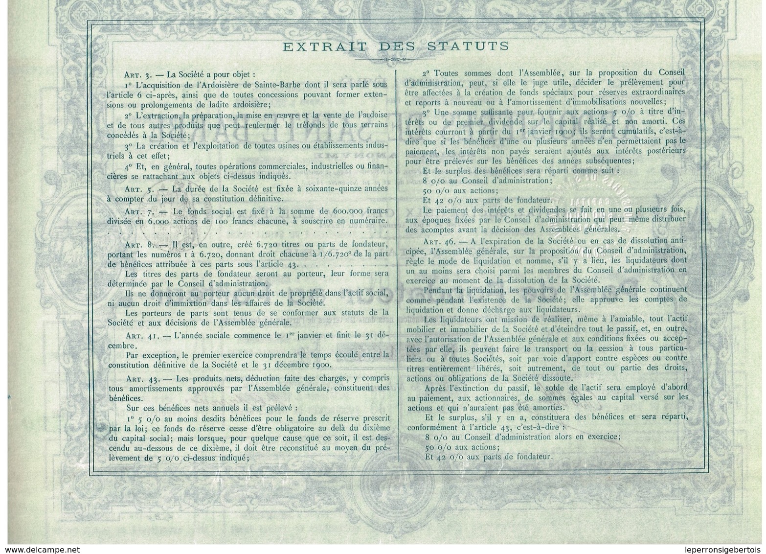 Titre Ancien - Société Des Ardoisières De Saint-Barbe -  Titre De 1899 - Déco - Imprimerie Chaix - Mines