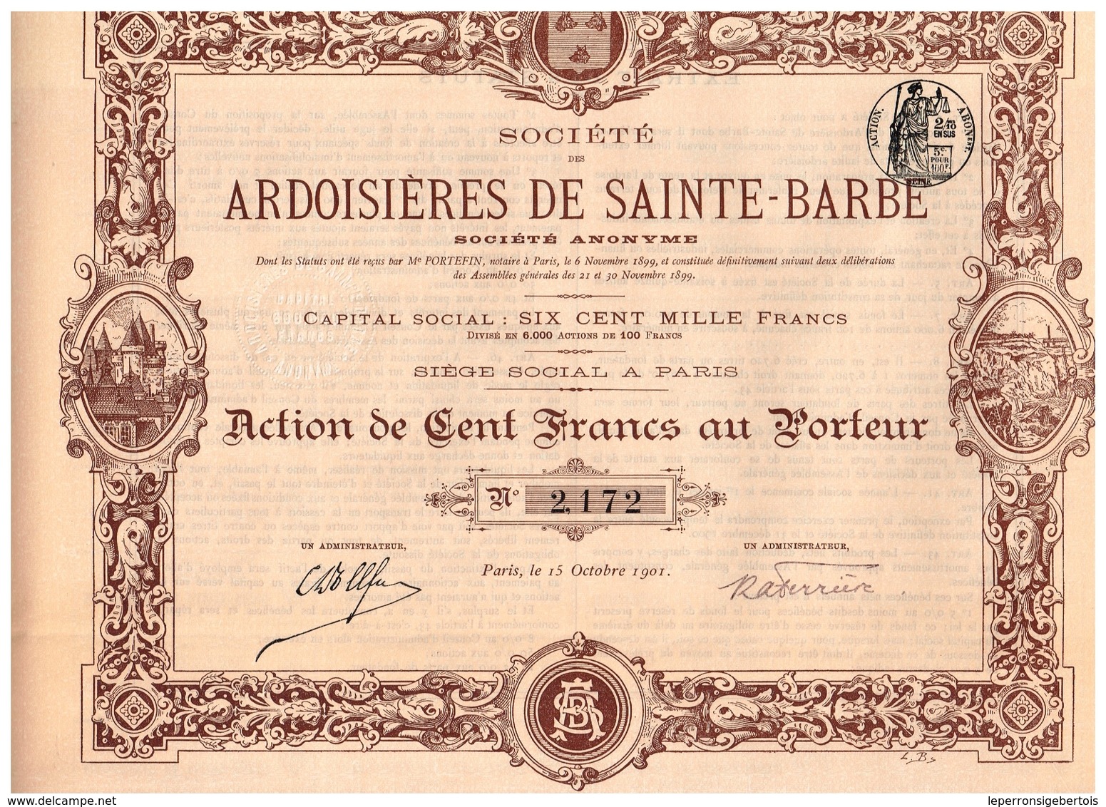 Titre Ancien - Société Des Ardoisières De Saint-Barbe -  Titre De 1899 - Déco - Imprimerie Chaix - Mines