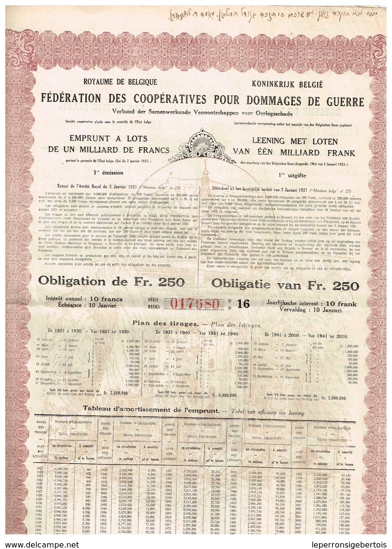 Titre Ancien - Royaume De Belgique - Fédération Des Dommages De Guerre 1921 4 % - Emprunt à Lots De 1 Milliard De Francs - A - C