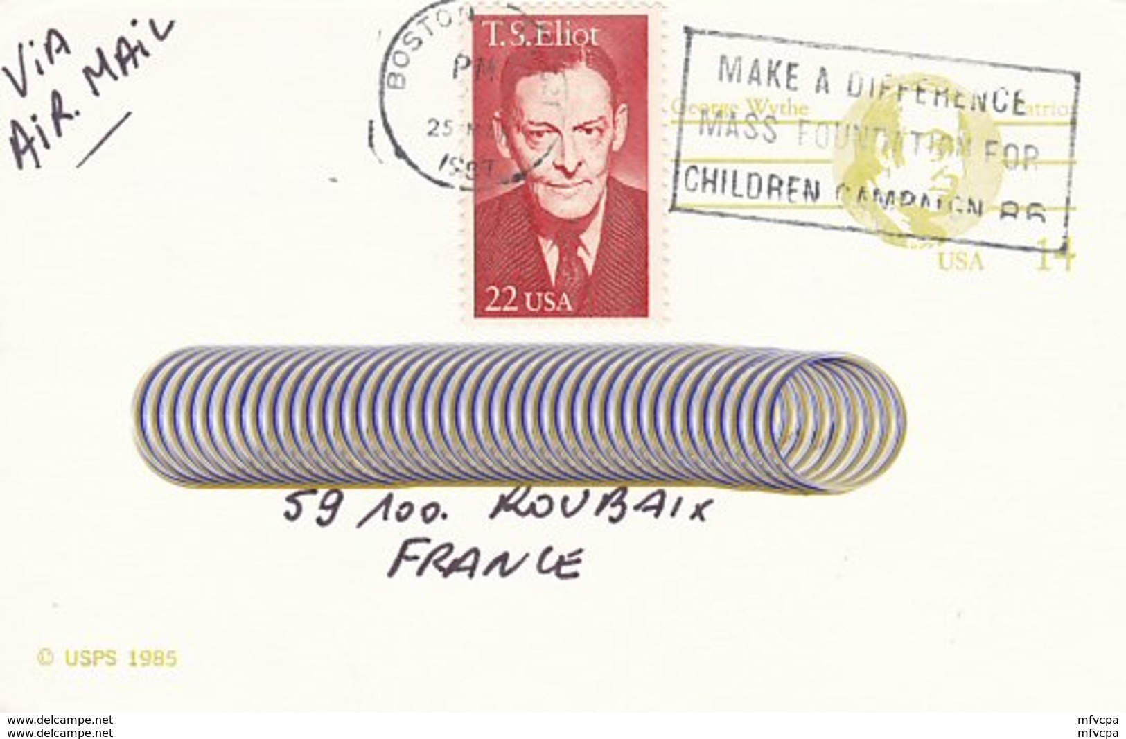 L4E210 ETATS-UNIS CP Entier Postal George Wythe  Boston Pour Roubaix France 25-03-1987 OMEC Make A Difference Mass ... - 1981-00