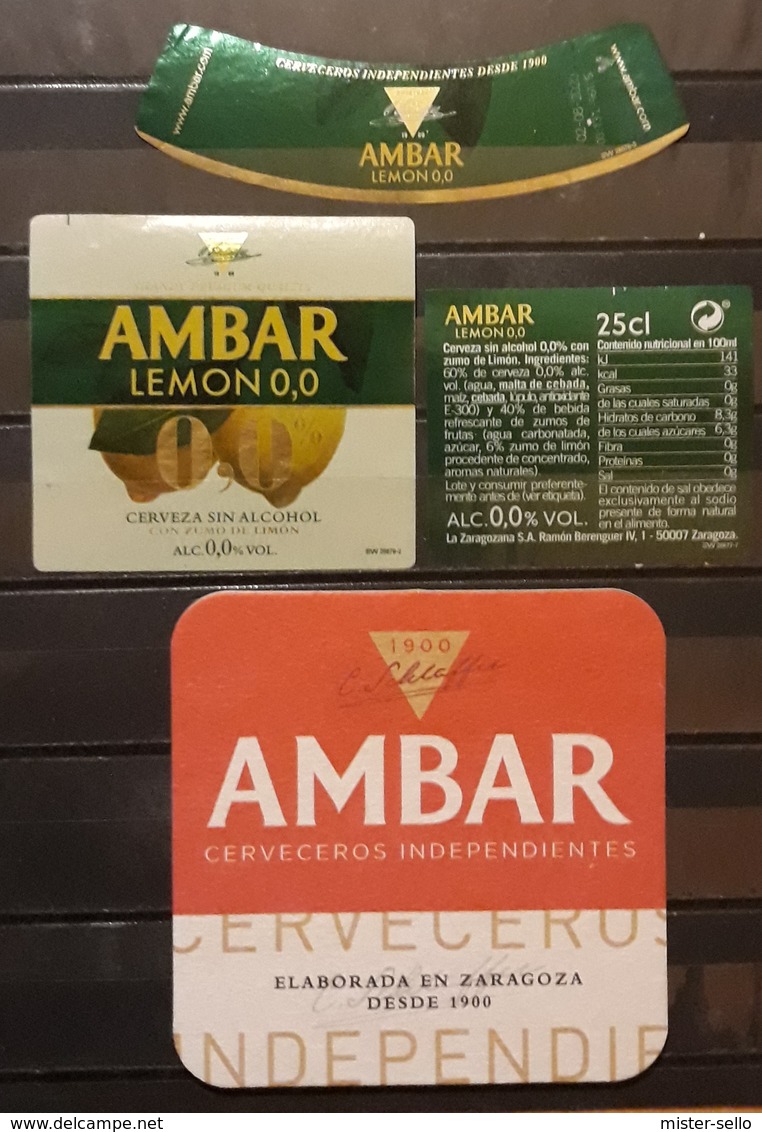 AMBAR LEMON. JUEGO DE 3 ETIQUETAS + POSAVASOS AMBAR. - Cerveza