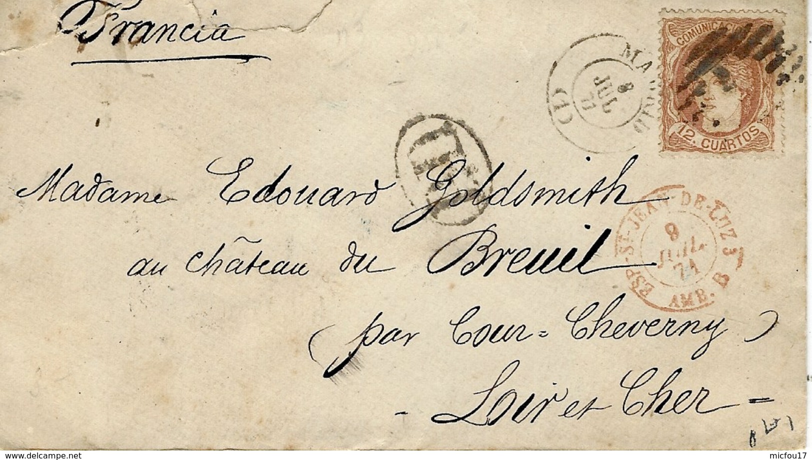 1871- Enveloppe De MADRID Pour La France Affr. Y & T N° 113  Entrée  ESP-St JEAN-DE-LUZ / AMB. B - Lettres & Documents