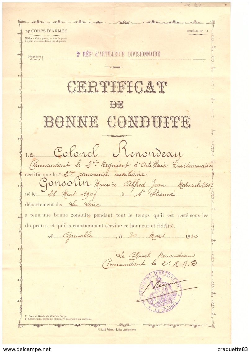 CERTIFICAT DE BONNE CONDUITE - 2è REGIMENT D'ARTILLERIE DIVISIONNAIRE  -14è CORPS D'ARMEE-1930 - Dokumente