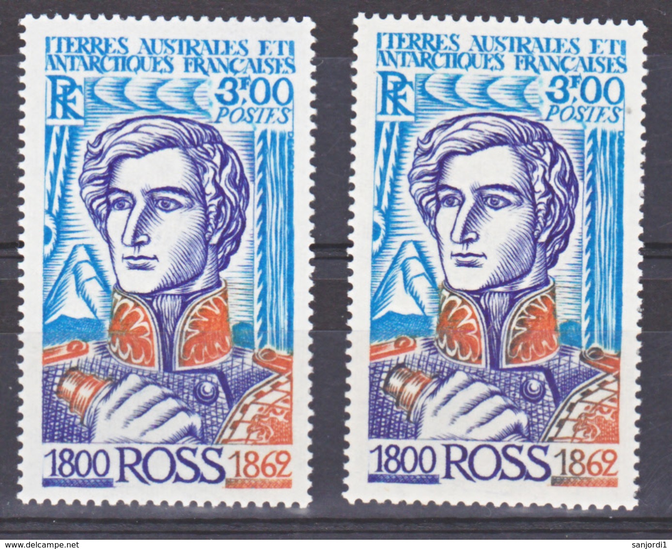 TAAF    62 Ross Variété éclaboussé De Bleu épaulette Longue Vue Bleues Et Orange  Neuf ** MNH Sin Charmela - Nuovi