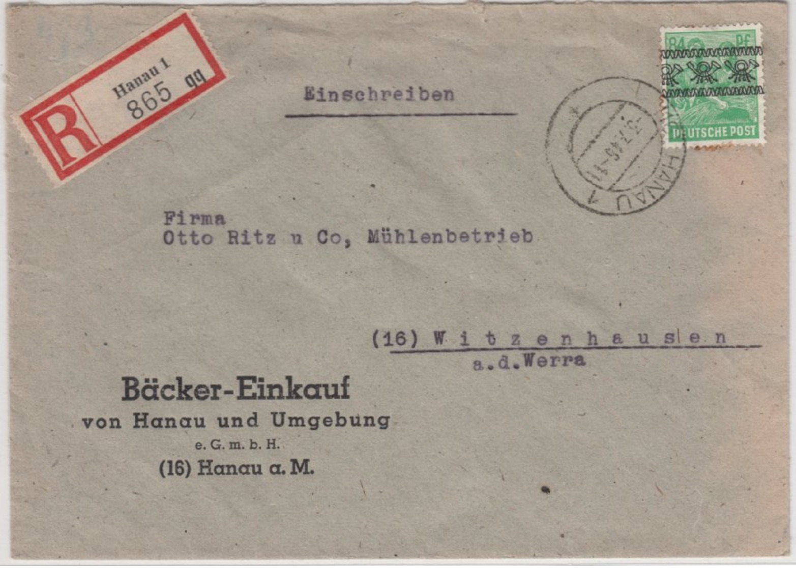 Bizone - 84 Pfg. Arbeiter/Band, Einschreibebrief Hanau - Witzenhausen 1948 - Other & Unclassified