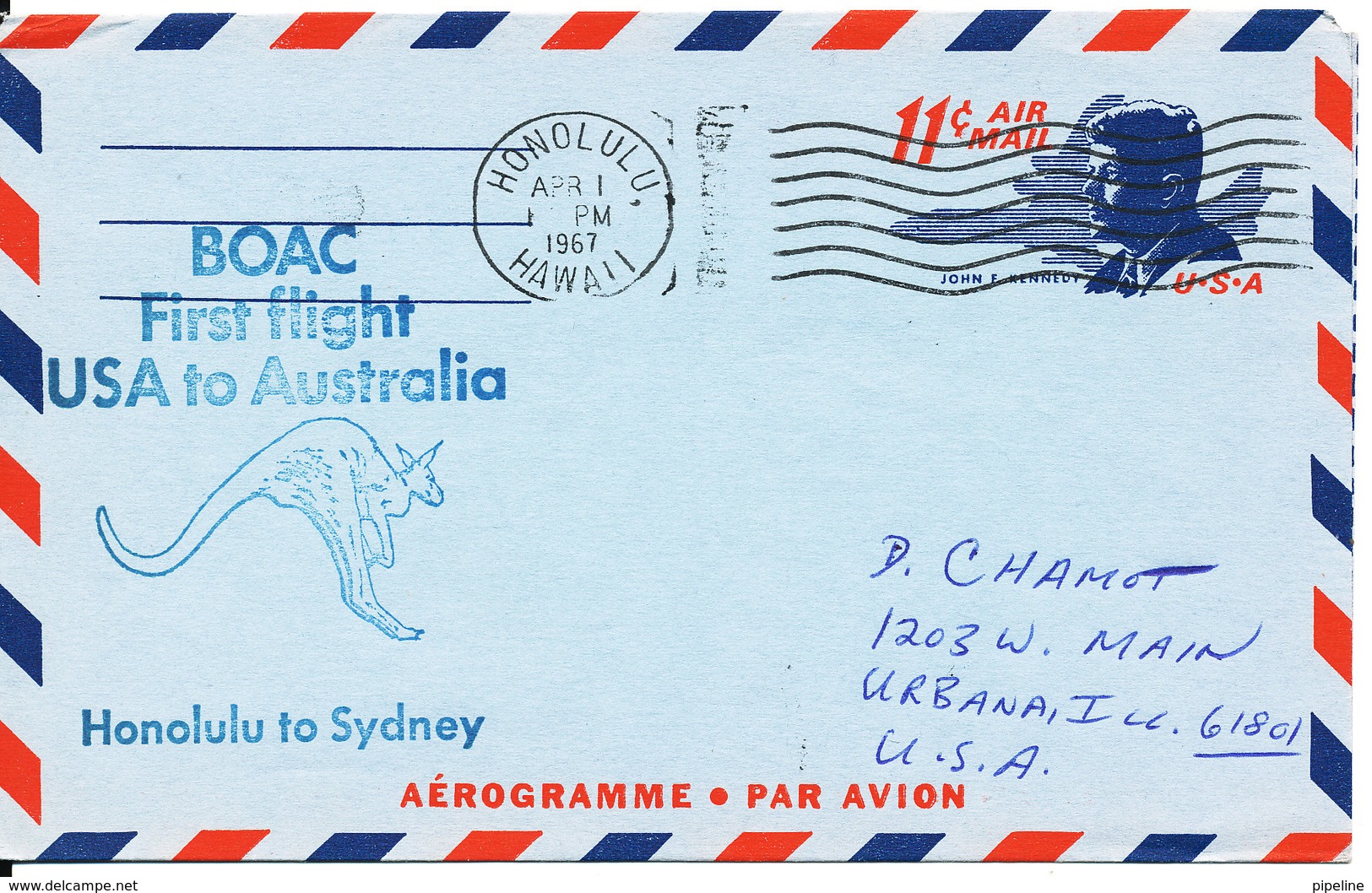 USA Aerogramme First BOAC Flight Honolulu - Sydney 1-4-1967 - Enveloppes évenementielles