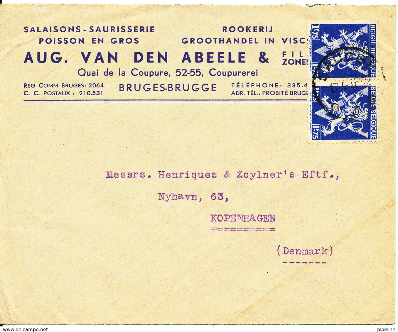 Belgium Cover Sent To Denmark Brugge 17-4-1946 - Covers & Documents