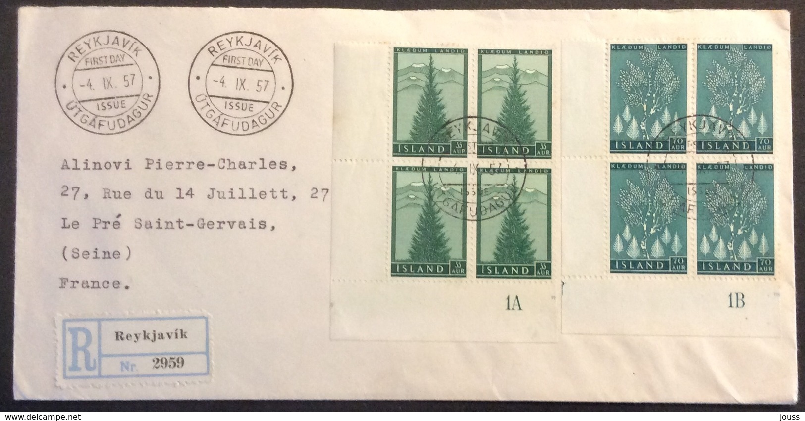 Is9 Island Reboisement YT 278 279 Bloc X 4 FDC Premier Jour 4/9/1957 Reykjavik Lettre - FDC