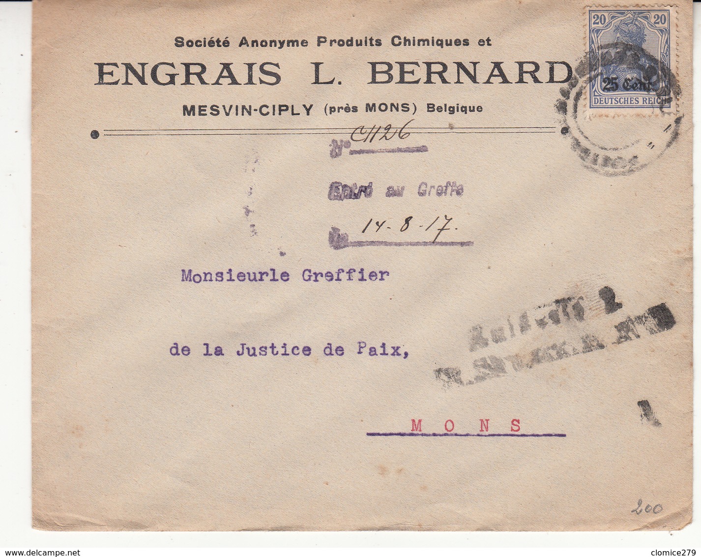 Guerre 1914/18    Enveloppe    De 1917   Censure       Engrais L Bernard - OC1/25 General Government