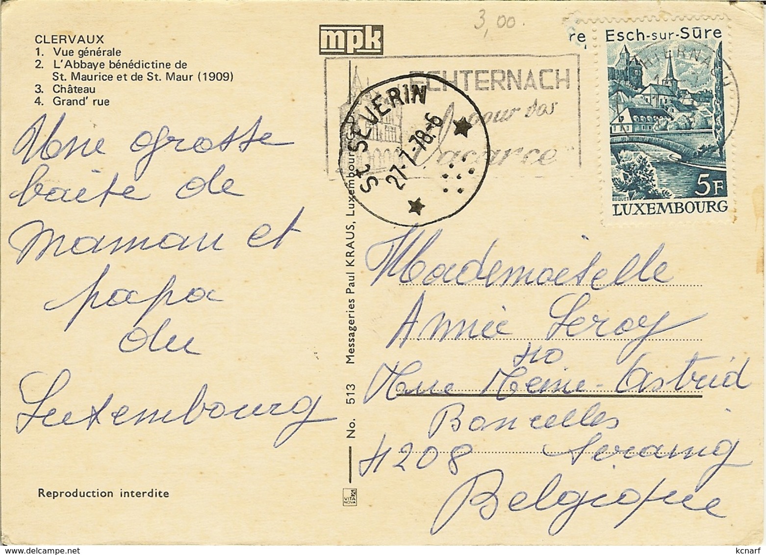 CP De CLERVAUX " Avec Cachet Relais De St-SEVERN - Postmarks With Stars