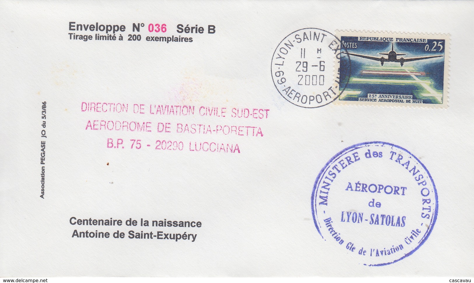 Enveloppe    FRANCE   Centenaire  SAINT  EXUPERY   Aéroport  De  LYON   2000 - Cachets Commémoratifs