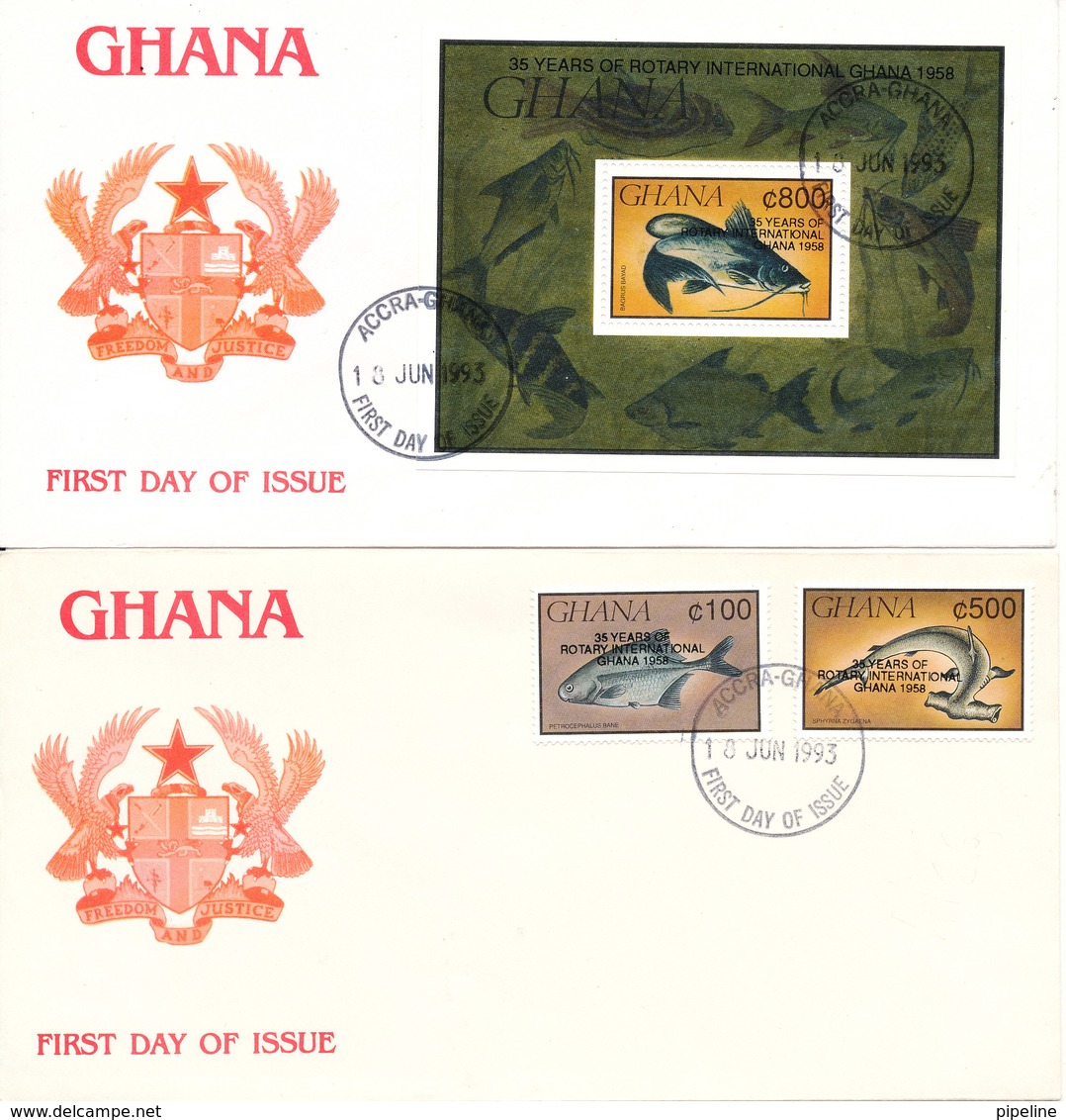 Ghana FDC 13-6-1993 FISH Complete Set Of 2 + Souvenir Sheet Overprinted 35 Years Of Rotary International Ghana 1958 On 2 - Ghana (1957-...)