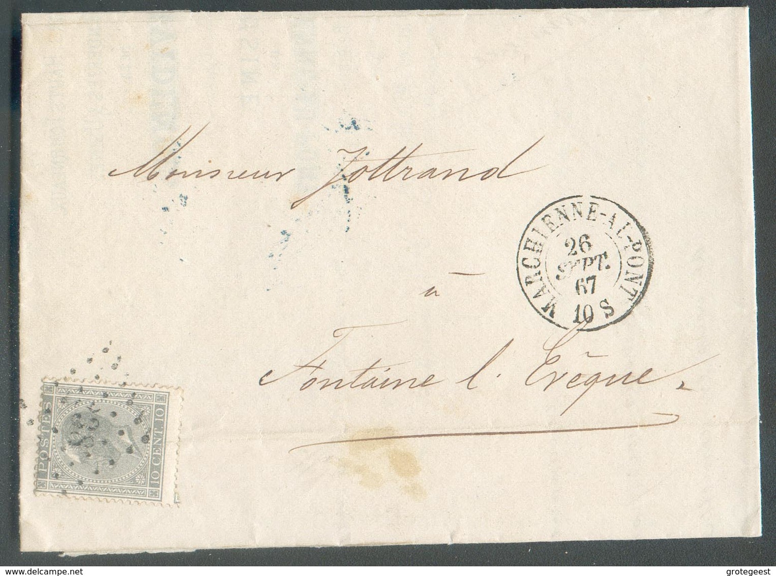 N°17 - 10 Centimes Obl. LP 238 Sur Lettre De MARCHIENNE-AU-PONT Du 26 Sept. 1867 Vers Fontaine - 14868 - 1865-1866 Profil Gauche