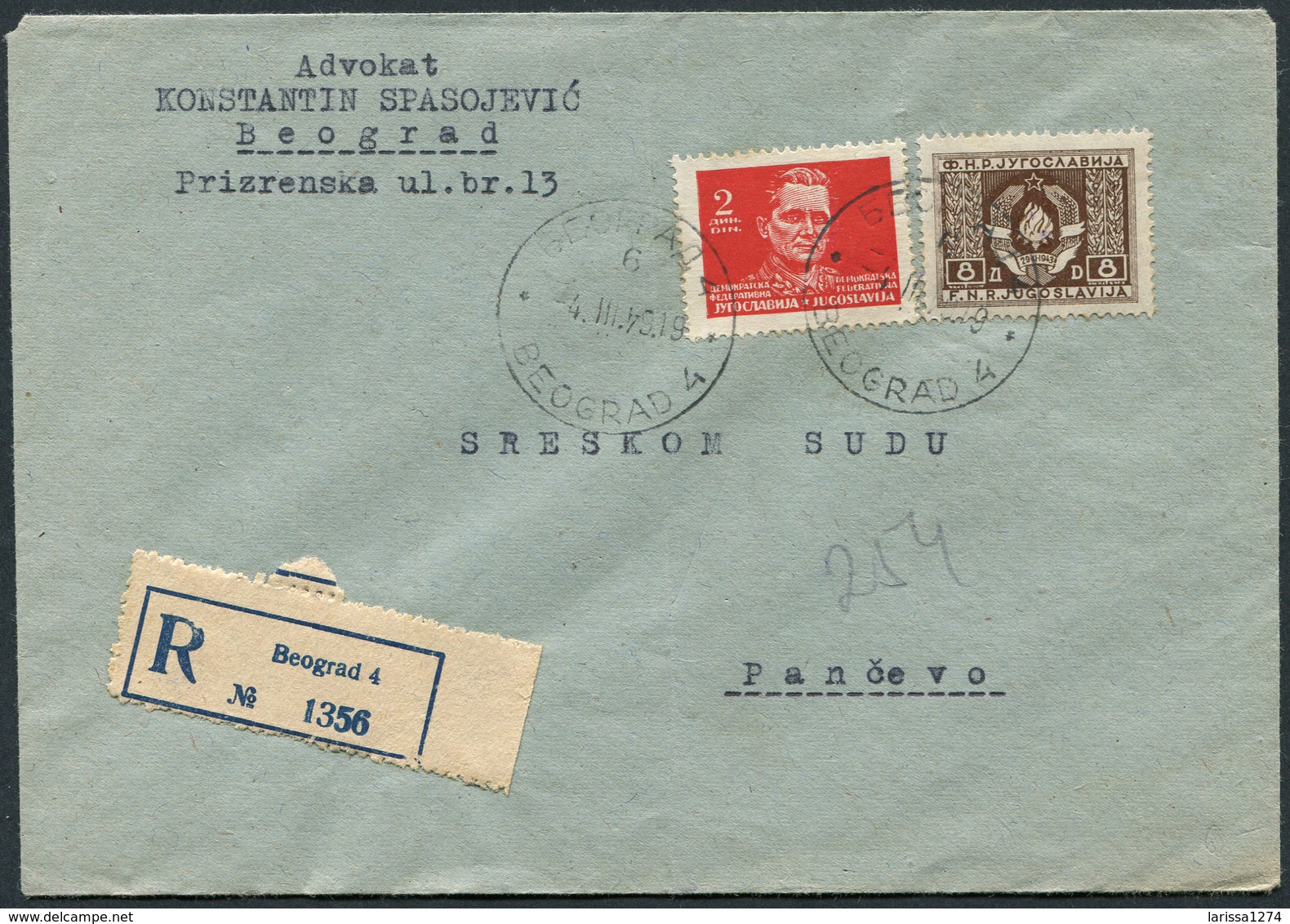 12.Yugoslavia 1949 R-letter Franked With Definitive And Official Stamps - Lettres & Documents