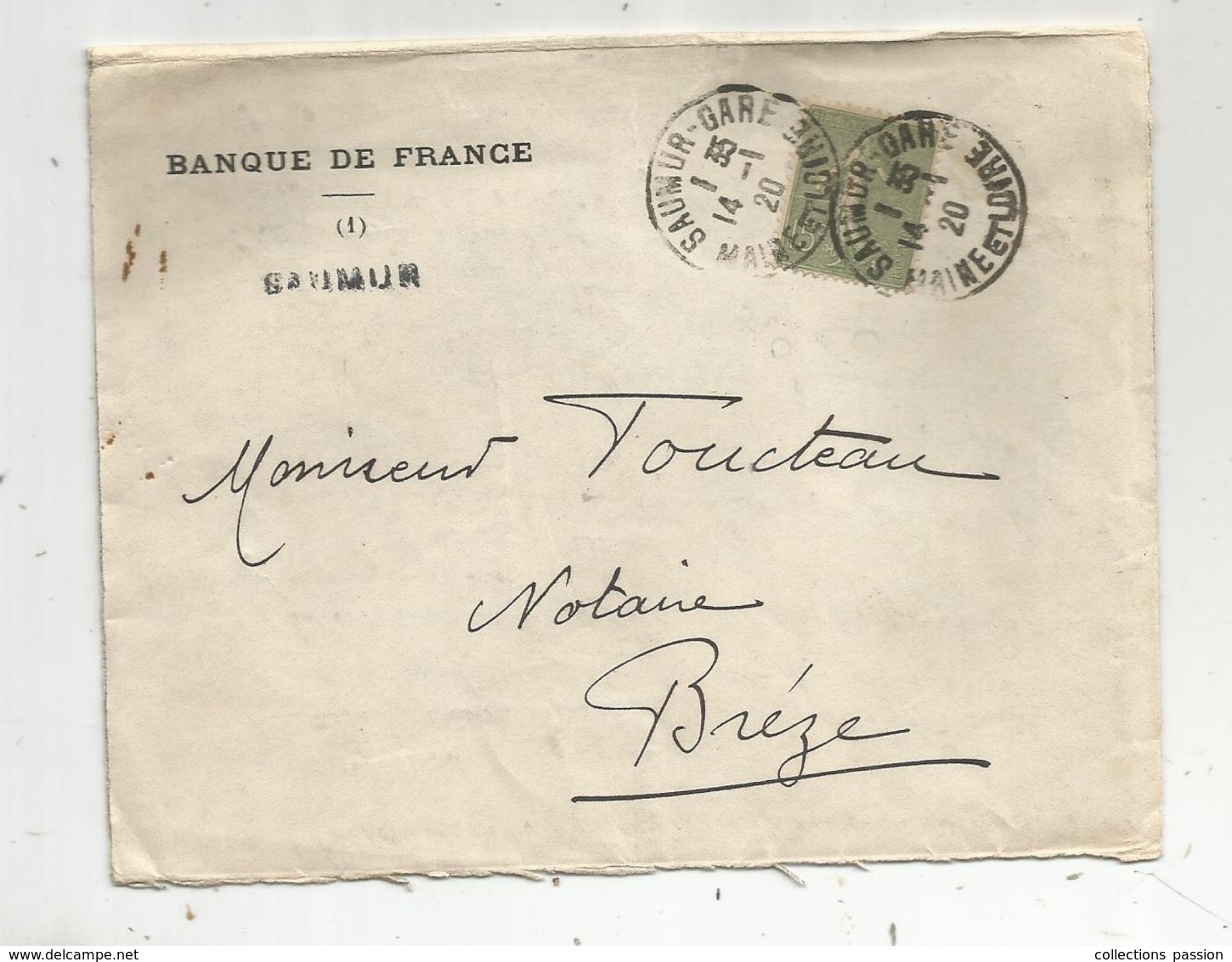 Lettre,Banque De France ,Saumur ,SAUMUR- GARE ,1920 , 2 Scans - 1877-1920: Semi-Moderne