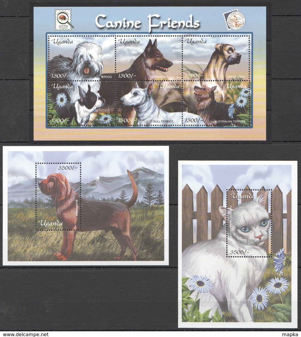 O577 UGANDA PETS DOGS & CATS CANINE FRIENDS 2BL+1KB MNH - Perros