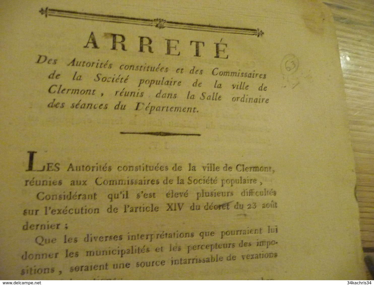 Arrêté  Comité Société Populaire De Clermont Nomination Commissaires - Decrees & Laws