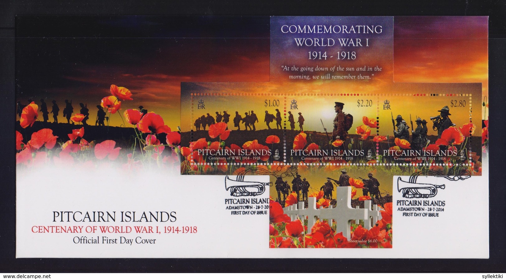 PITCAIRN ISLAND 2014 WORLD WAR I ADAMSTOWN SET STAMPS ON OFFICIAL FDC - Islas De Pitcairn