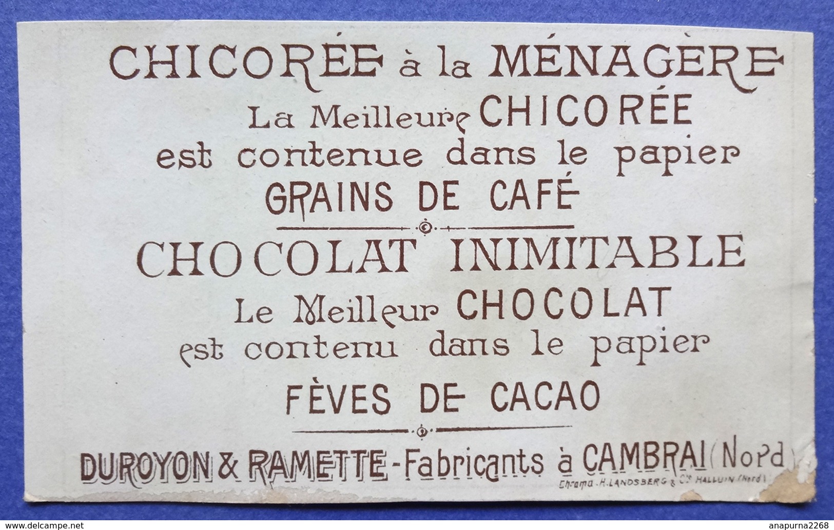 CHROMO...  CHOCOLAT INIMITABLE.. IMP.H. LANDSBERG......LE CUISINIER...CHUTE ..PLAT CASSE - Duroyon & Ramette