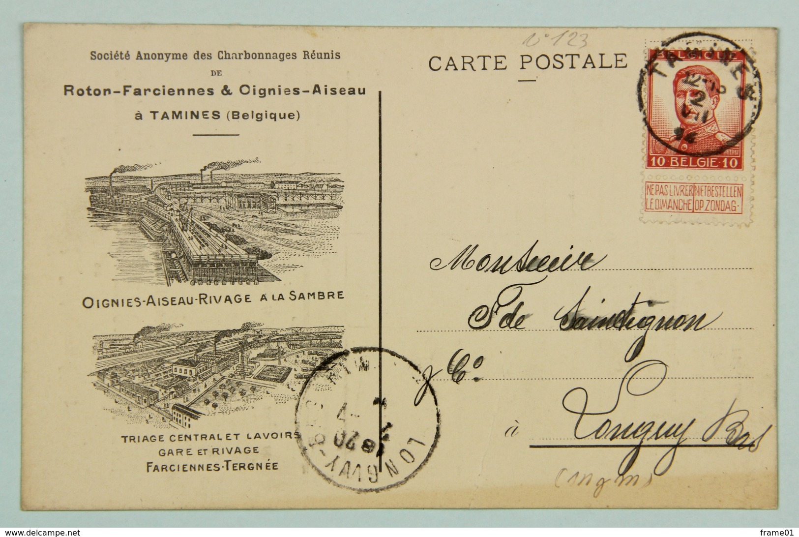 Carte Postale Juillet 1914 Charbonnages Roton Farciennes, Tamines --> Longwy, Affr. 10c Albert 1er - 1915-1920 Albert I