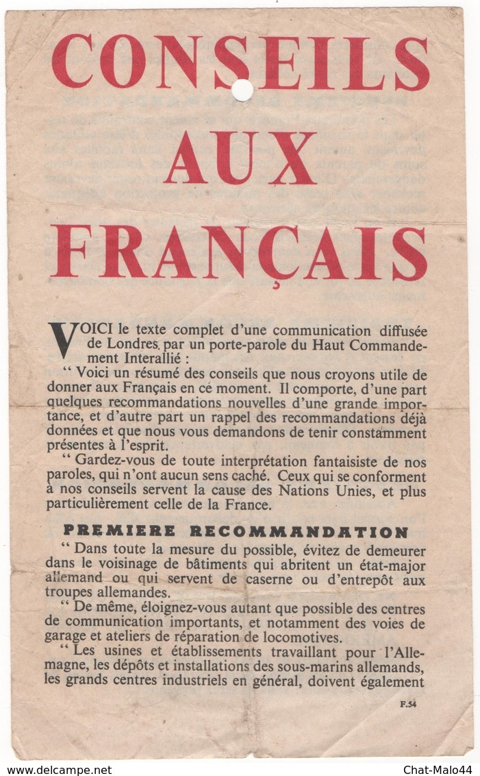 WW2 - Conseils Aux Français. Texte D'une Communication Diffusée De Londres Par Le Haut Commandement Interallié - Historische Documenten