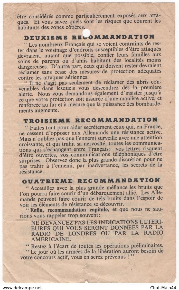 WW2 - Conseils Aux Français. Texte D'une Communication Diffusée De Londres Par Le Haut Commandement Interallié - Historische Documenten