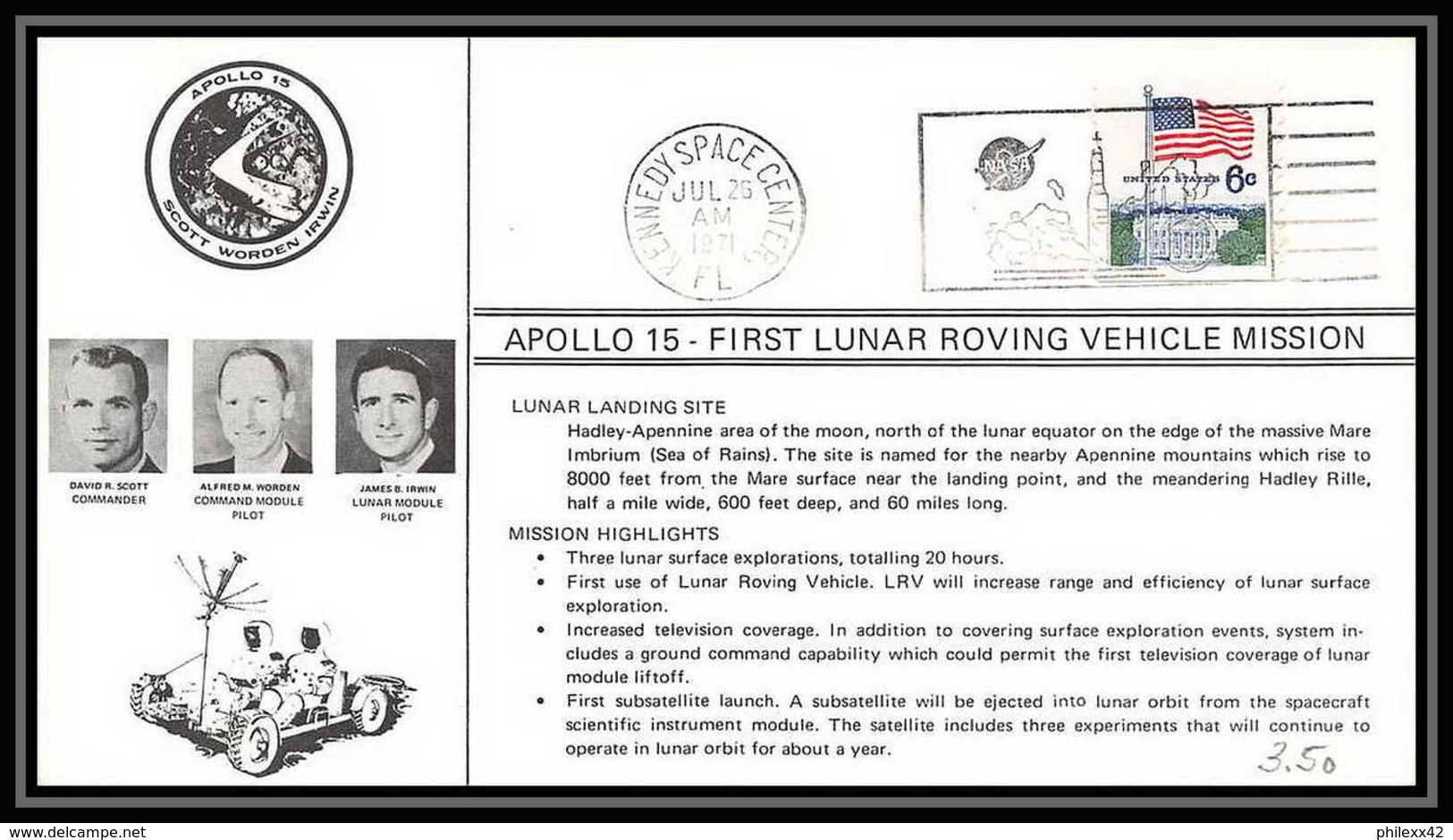 5958/ Espace (space) Lettre (cover) 26/7/1971 Apollo 15 First Lunar Roving Vehicle Mission USA - Etats-Unis