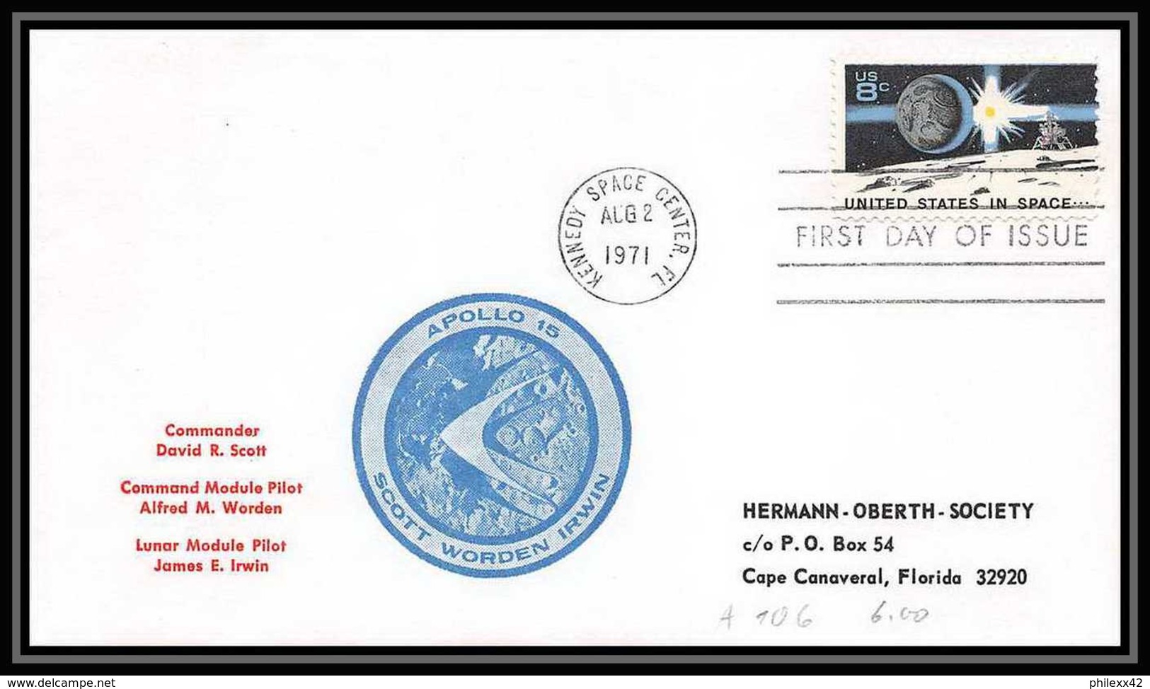 5974/ Espace (space) Lettre (cover) 2/8/1971 Apollo 15 Fdc USA - USA