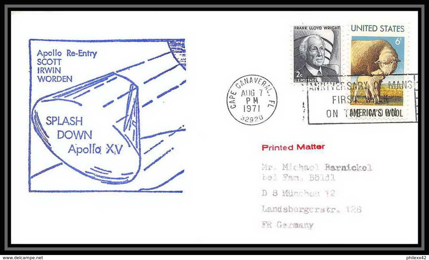 6002/ Espace (space Raumfahrt) Lettre (cover Briefe) 7/8/1971 Apollo 15 Splashdown Re Entry USA - USA