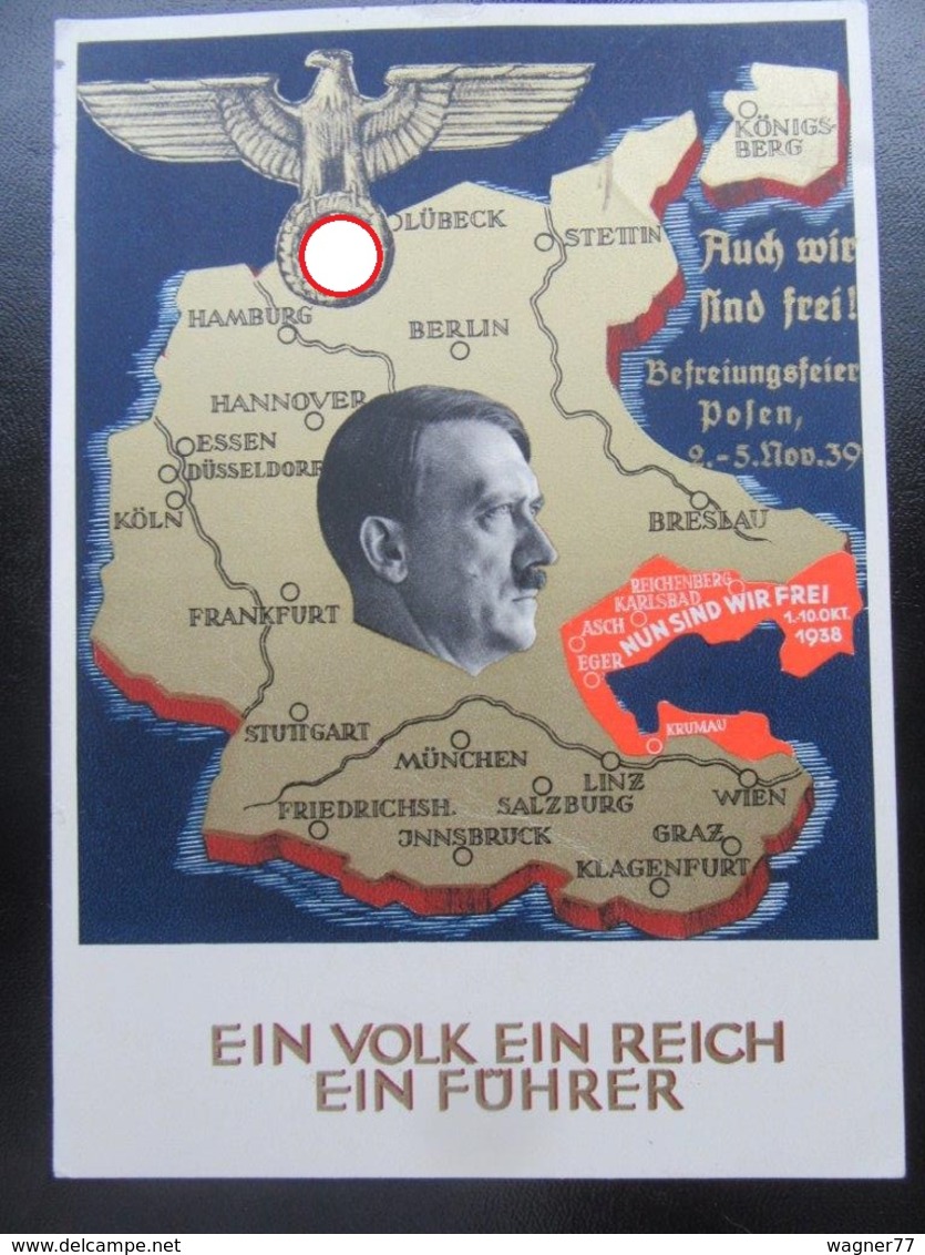 Postkarte Propaganda Hitler Sudetenland 1938 + Aufkleber "Nun Sind Wir Frei" + Zudruck Polen "Auch Wir Sind Frei" RRR - Covers & Documents