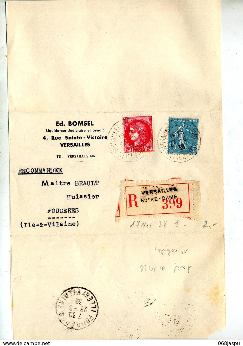 Lettre Recommandée Versailles Sur Ceres Semeuse - Handstempel