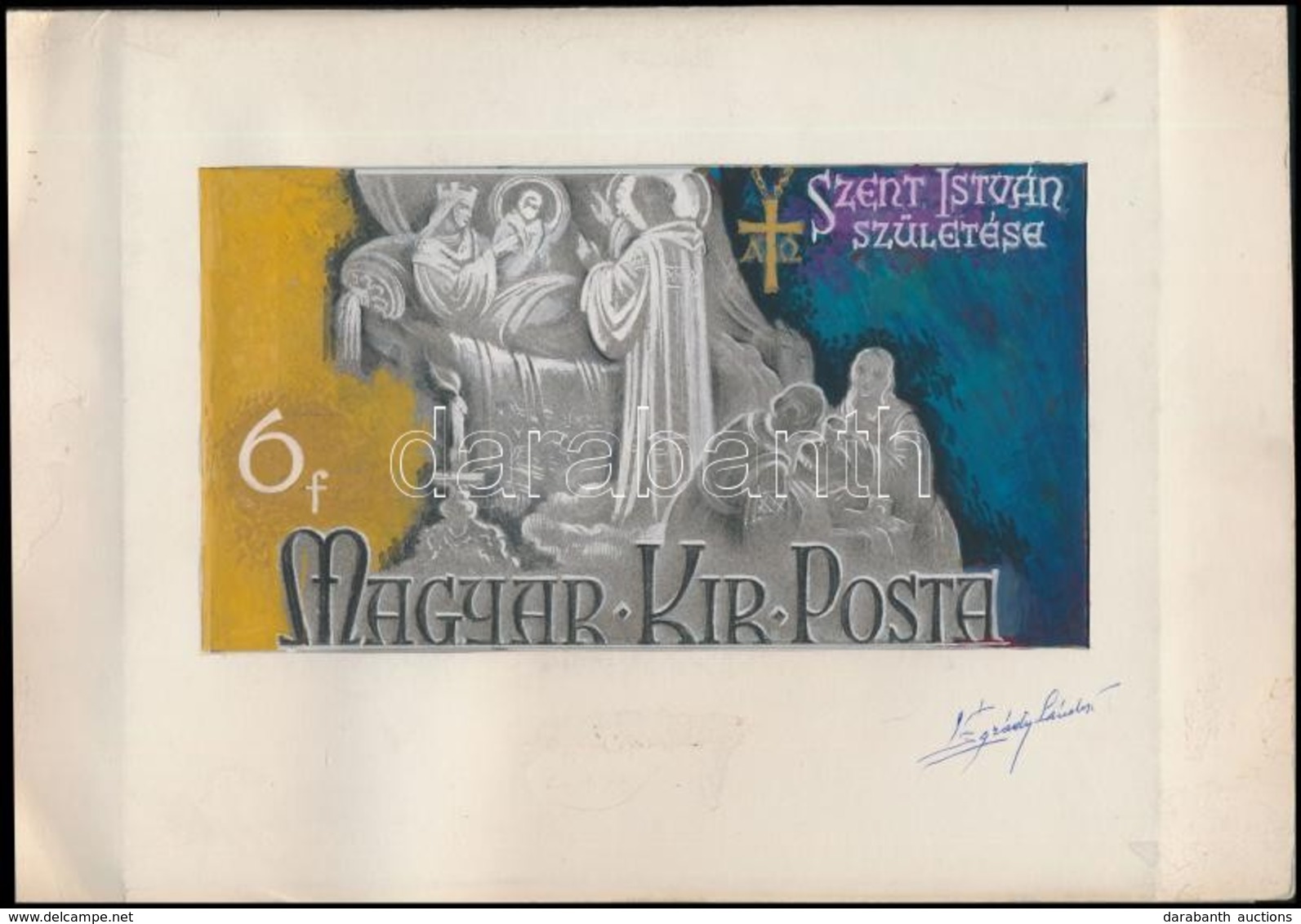 1938 Légrády Sándor Szent István Születése 6f M. KIR. POSTA Bélyegterv A Tervező Aláírásával, Képméret: 20 Cm X 11 Cm - Autres & Non Classés