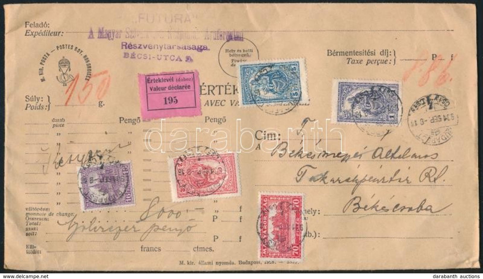 1931 Értéklevél 8P 86f Szép Bérmentesítéssel 'BUDAPEST' - 'BÉKÉSCSABA' - Sonstige & Ohne Zuordnung