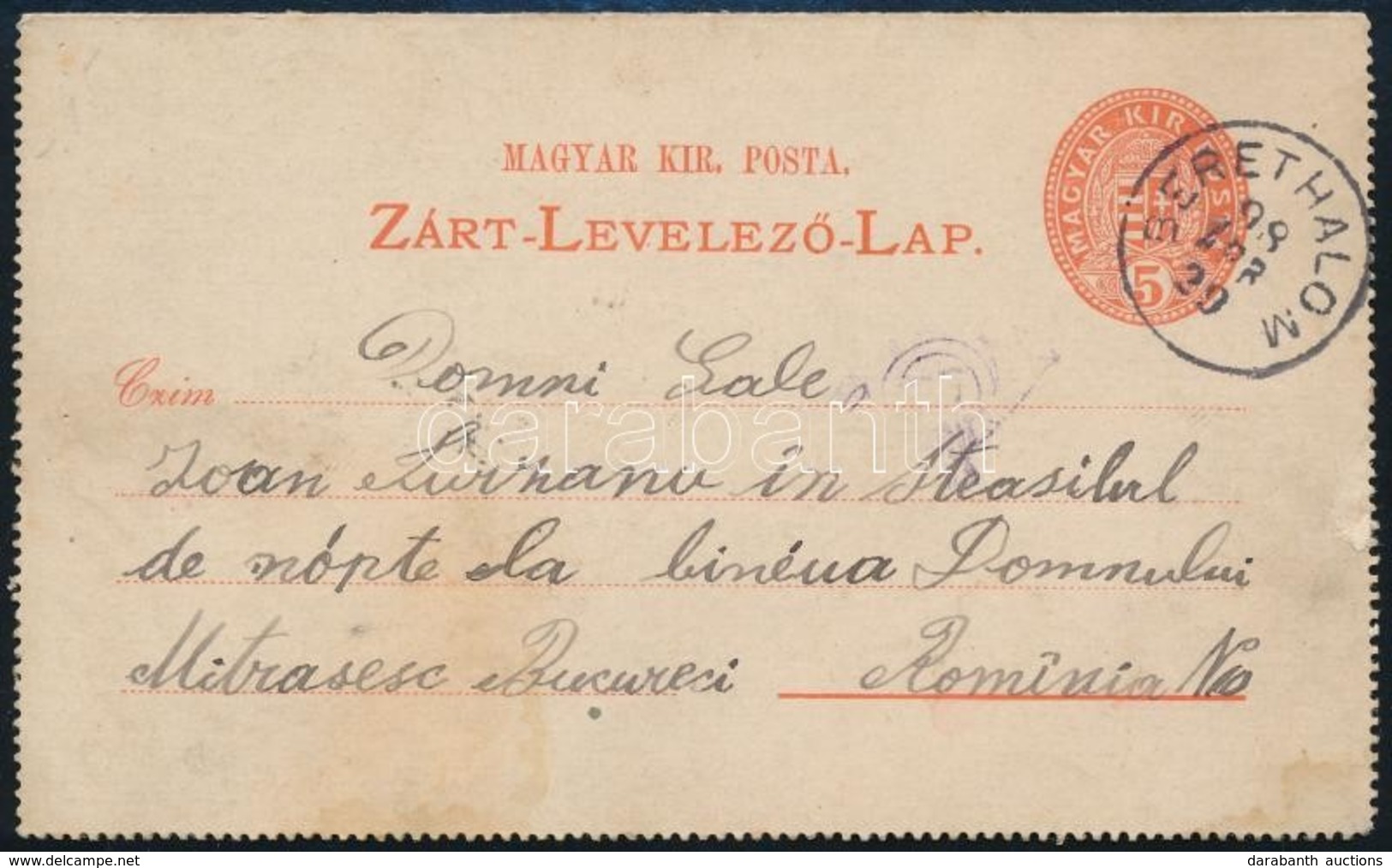 1898 5kr Díjjegyes Zárt Levelezőlap Díjkiegészítés Nélkül Romániába (határ Közeli Kedvezményes Tarifa) 'BERETHALOM' - 'B - Otros & Sin Clasificación